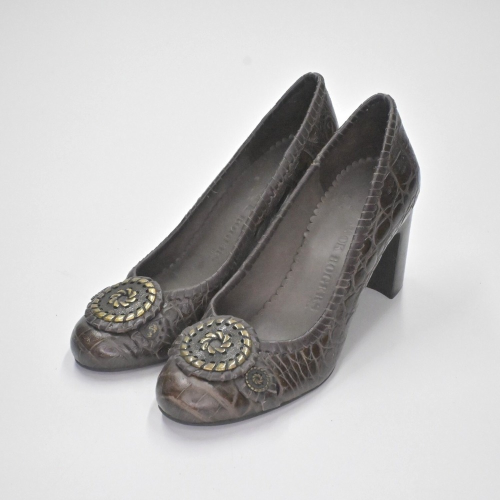 JACK ROGERS Heels Womens Size 7 Coin Isabelle Brown Croc Leather Pump Round Toe